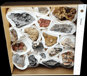 Wholesale flat of assorted Moroccan specimens. (box dims. 29.5cm x 32cm x 8cm)