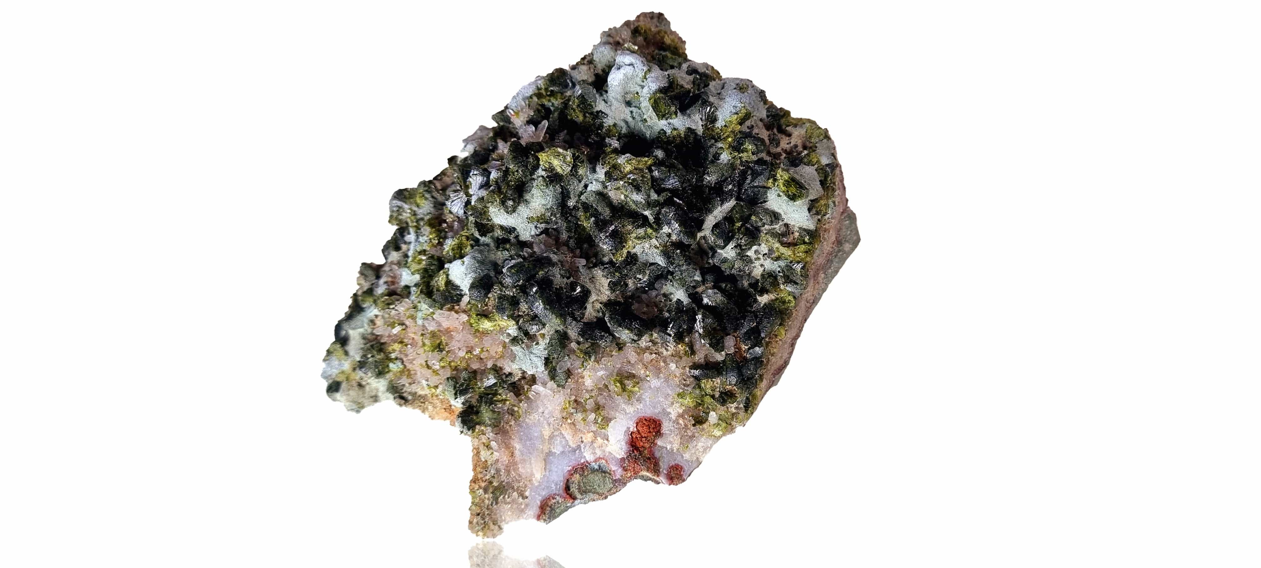 Epidote fans on Quartz with Actinolite (Cabinet Size, mineral specimen)