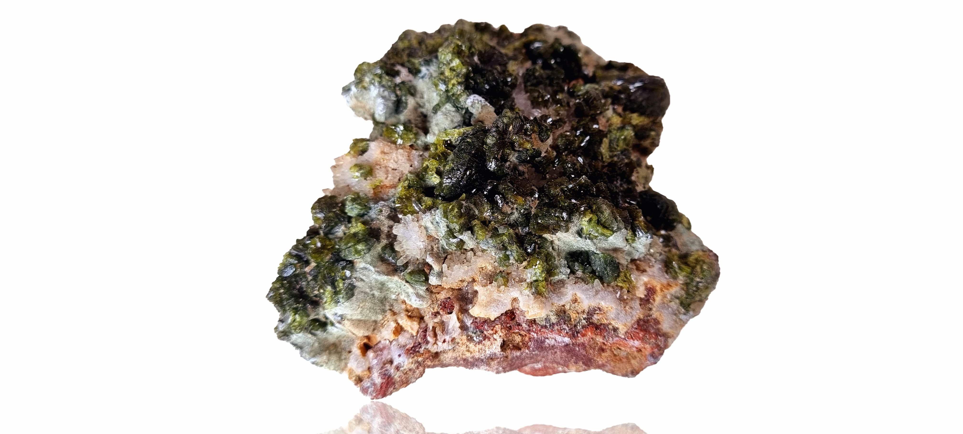 Epidote fans on Quartz with Actinolite (Small Cabinet Size, mineral specimen)