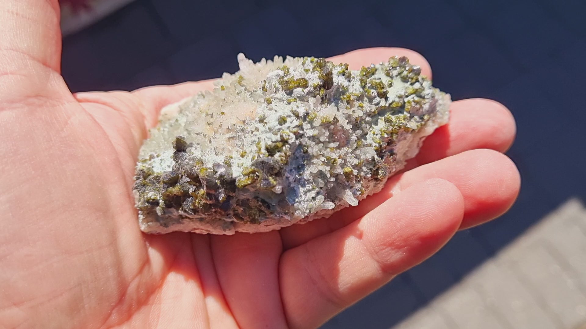 Epidote fans on Quartz with Actinolite (Small Cabinet Size, mineral specimen)